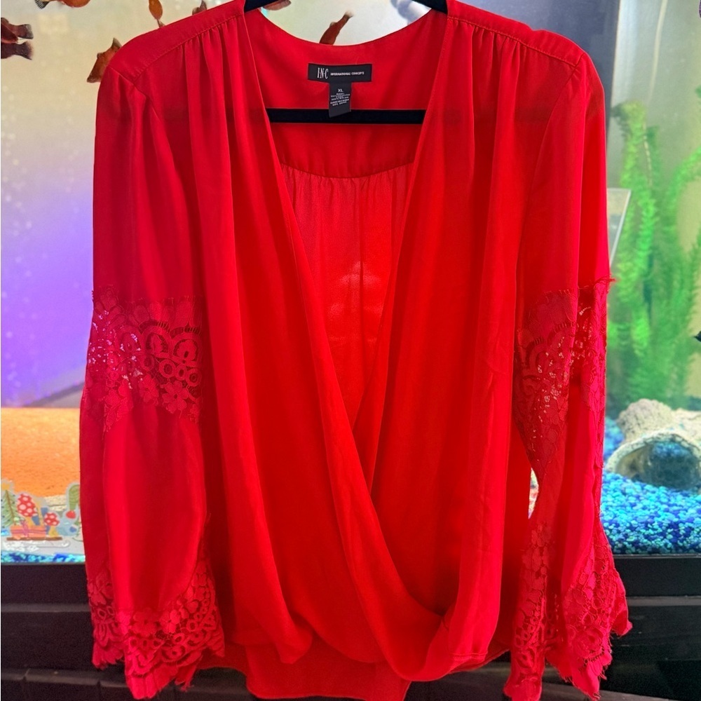 INC International Concepts Vibrant Red Lace Sleeve Blouse